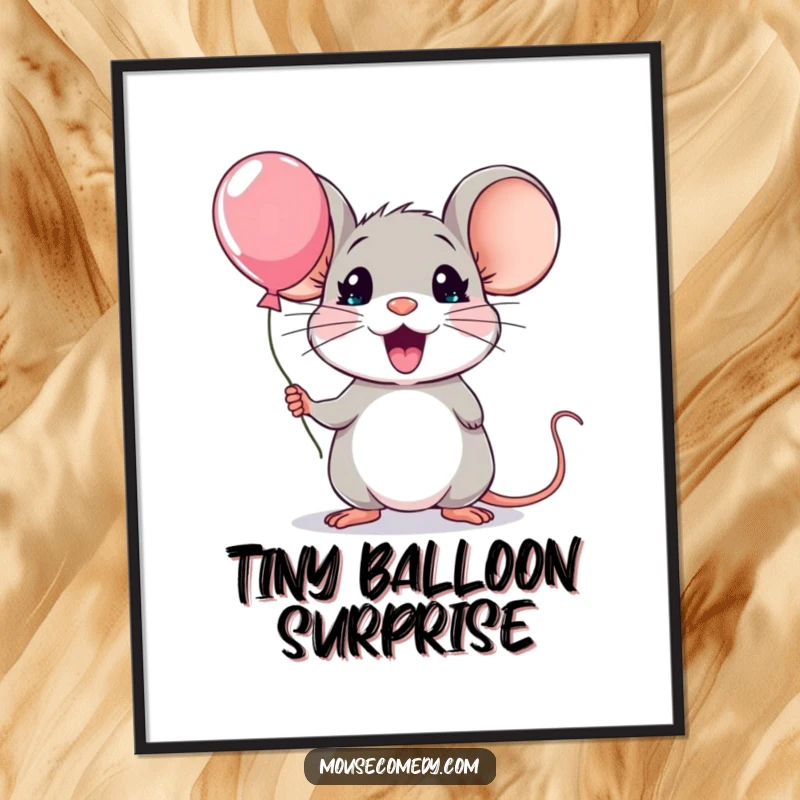 Funny kawaii mouse digital art print, showing a mouse with exaggerated surprise and an open mouth, holding a tiny balloon.