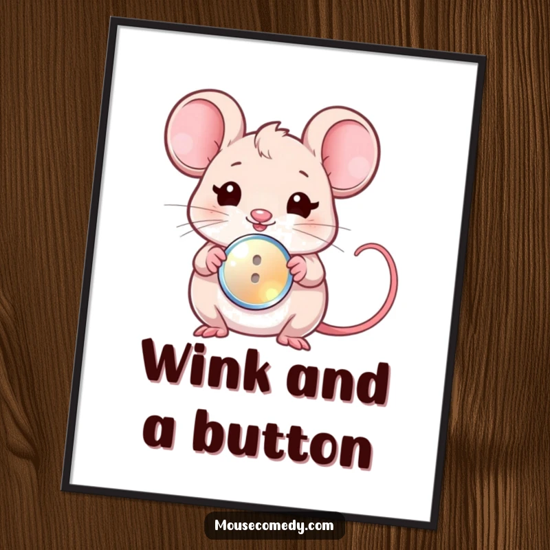 Funny digital art print of a cute kawaii mouse winking and presenting a small, shiny button, radiating charm and humor.