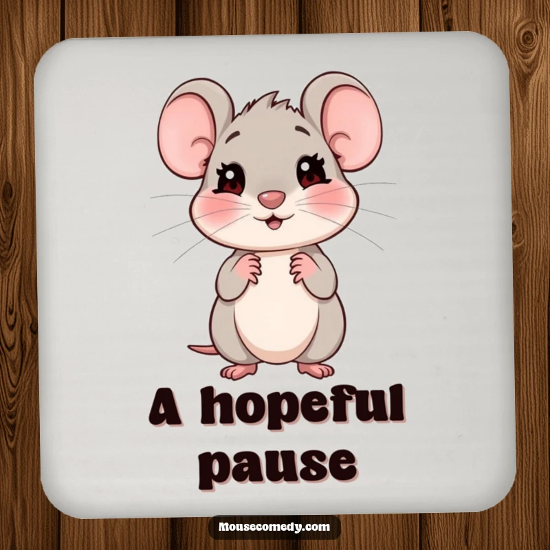 Funny drink coaster with a shy mouse giving an expectant look, adding a touch of gentle humor.