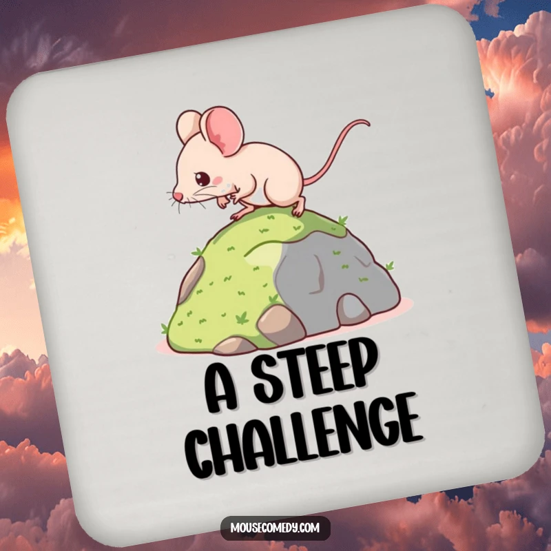 Funny drink coaster with a determined kawaii mouse climbing a miniature hill, protecting surfaces with humorous motivation and a symbol of effort.