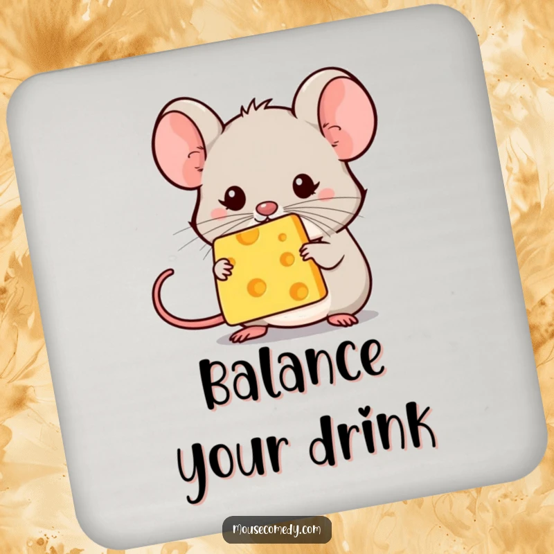 Funny kawaii mouse balancing a tiny cheese speck on its nose, protecting surfaces. Practical and funny gift.