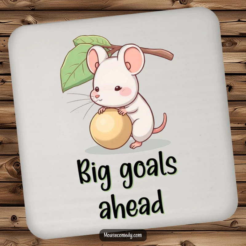 Funny drink coaster illustrating a small mouse attempting to carry a seed that is disproportionately larger than itself.
