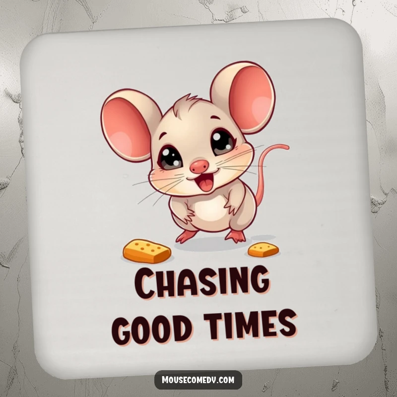 Funny Mouse Coaster: A delighted mouse with sparkling eyes chases a bouncing crumb, protecting surfaces.
