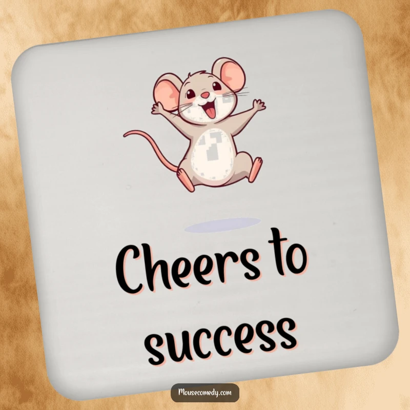 Funny drink coaster with a small, jubilant mouse in a triumphant leap, tail raised high, celebrating success.