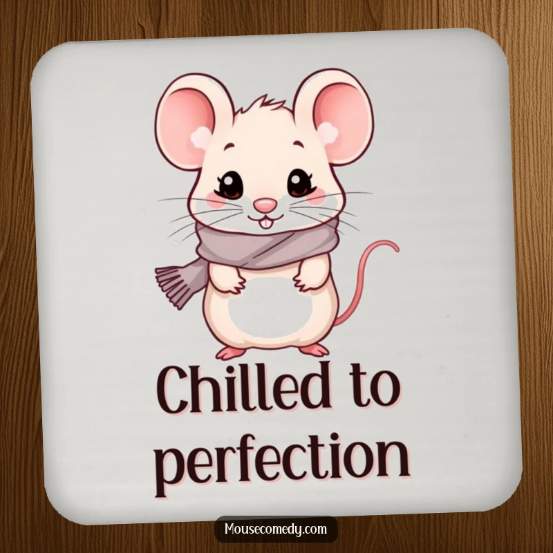 Funny kawaii mouse wearing a small scarf, looking cold but happy on a protective drink coaster.