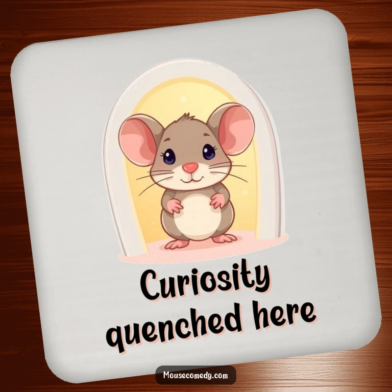 Funny Mouse Coaster: A curious mouse peeks from a tiny, glowing magical doorway, protecting surfaces.