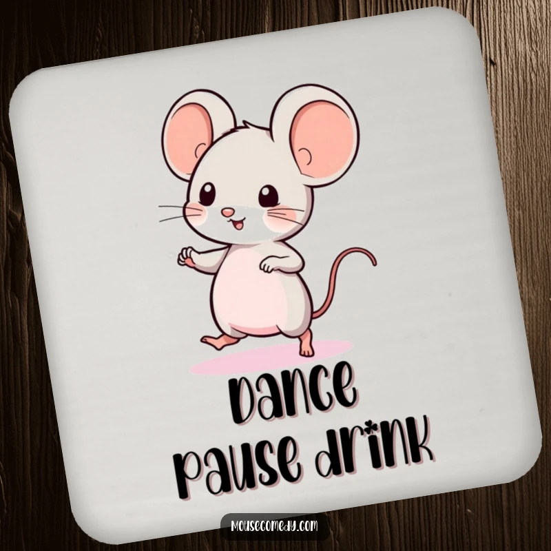 Funny Kawaii Mouse Coaster: a cute mouse with big ears, doing a quick dance, adding playful protection to surfaces.