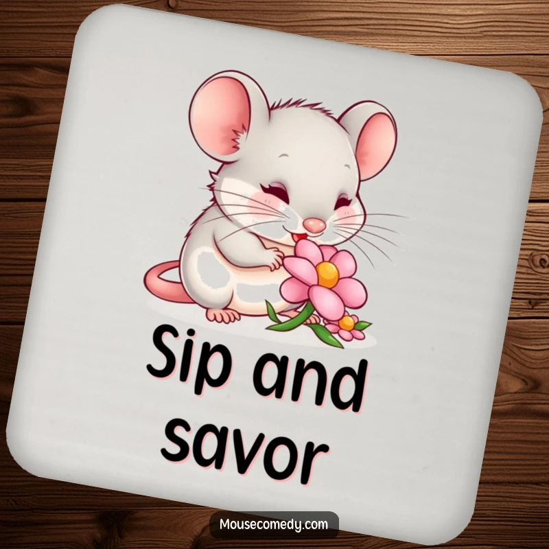 Funny mouse drink coaster with a content mouse nibbling a flower petal, bringing a peaceful and charming element to tabletops.