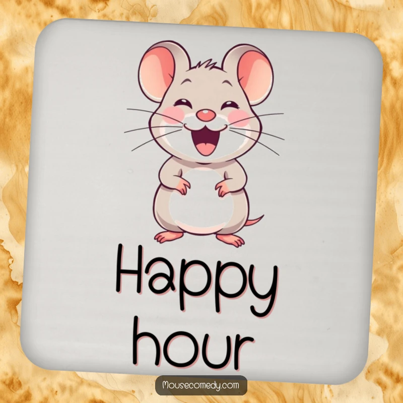 Funny joyful mouse drink coaster, with a happy squeak, stretching its whiskers, adding a touch of cheer to surface protection.
