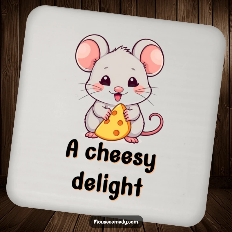 Funny drink coaster with a kawaii mouse looking immensely pleased with a tiny cheese wedge, adding humorous protection and cheesy charm.