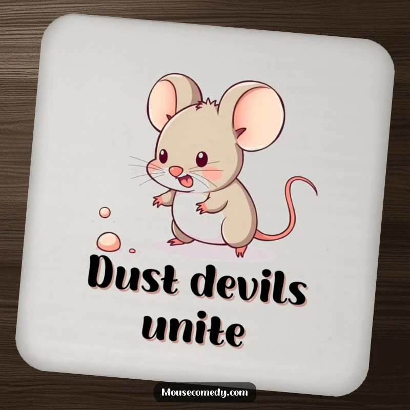 Funny kawaii mouse intensely chasing a minuscule dust speck on a protective drink coaster.
