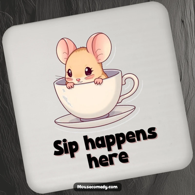 Funny kawaii mouse peeking out from a miniature teacup on a protective drink coaster.