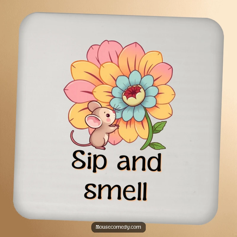 Funny kawaii mouse showing curiosity towards a giant, colorful flower on this protective and decorative drink coaster.