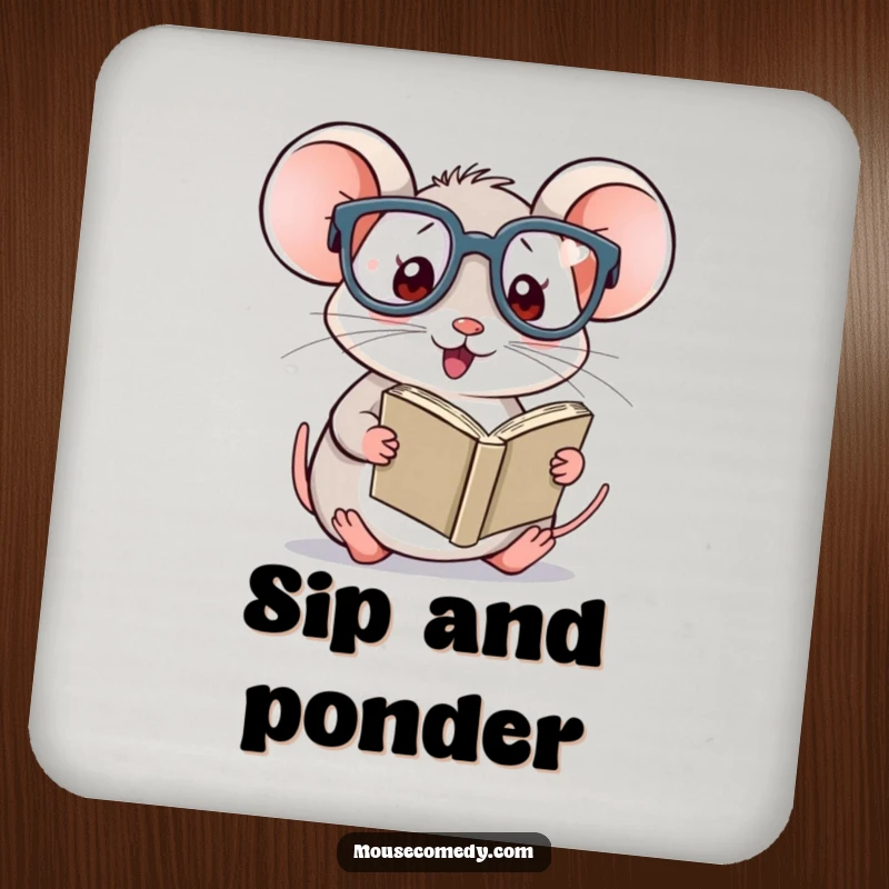 Funny Kawaii Mouse Coaster: A tiny coaster featuring a mouse with glasses engrossed in a small book.