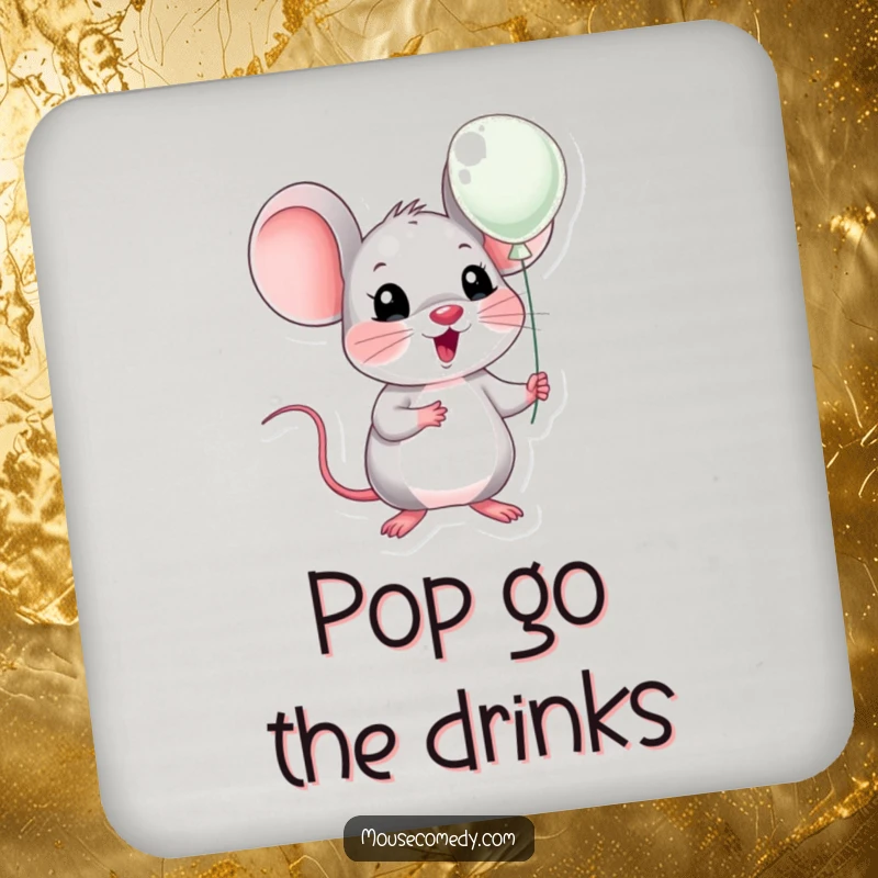 Funny kawaii mouse with exaggerated surprise, holding a small balloon, protecting surfaces. Practical and funny gift.