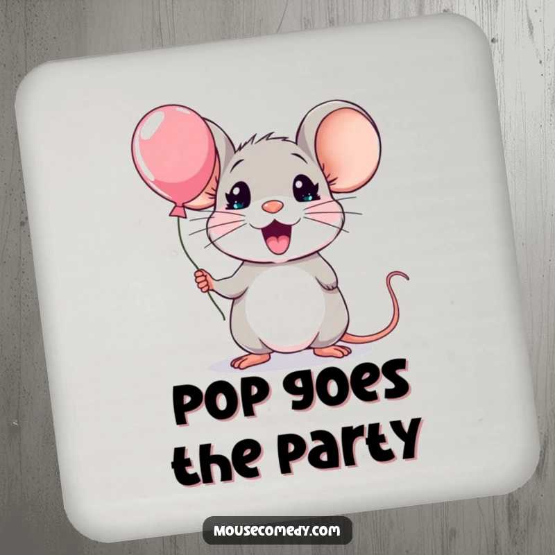 Funny kawaii mouse drink coasters, depicting a mouse with comically surprised eyes and an open mouth, holding a minuscule balloon.