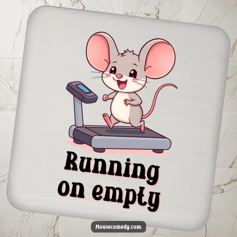 Funny kawaii mouse coaster, a mouse with oversized ears running on a treadmill, protecting surfaces with energy.