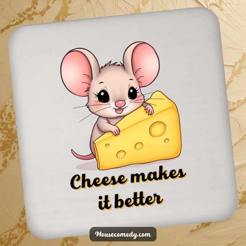 Funny Mouse Coaster: A tiny mouse with enormous ears proudly holds a colossal piece of cheese, protecting surfaces.