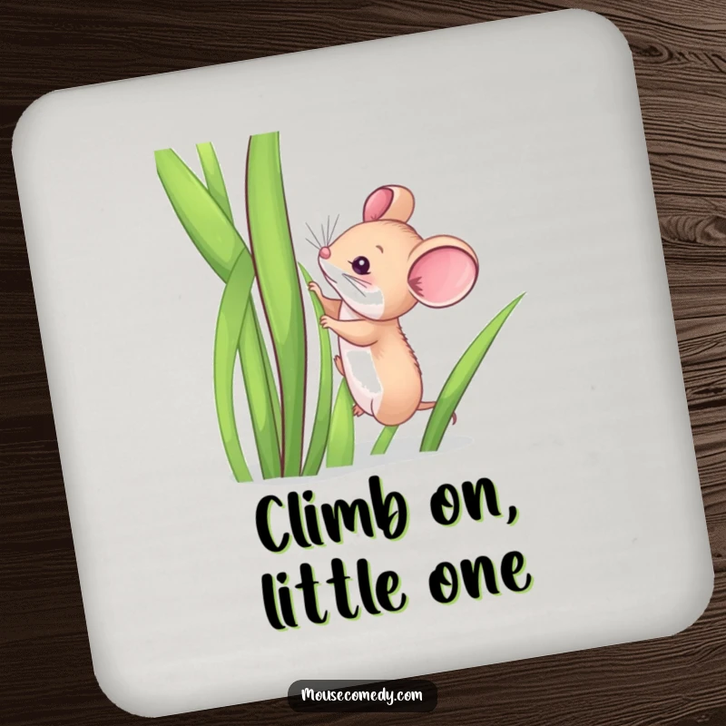 Funny drink coaster depicting a small mouse climbing a tall blade of grass, adding a humorous touch to drink service.