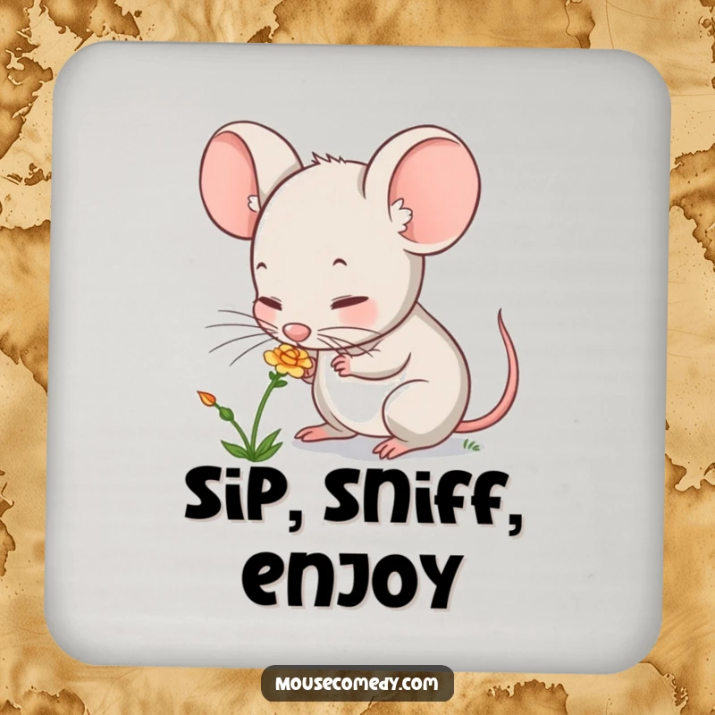 Funny mouse drink coaster with a cute character curiously sniffing a small flower, protecting surfaces with whimsical charm.
