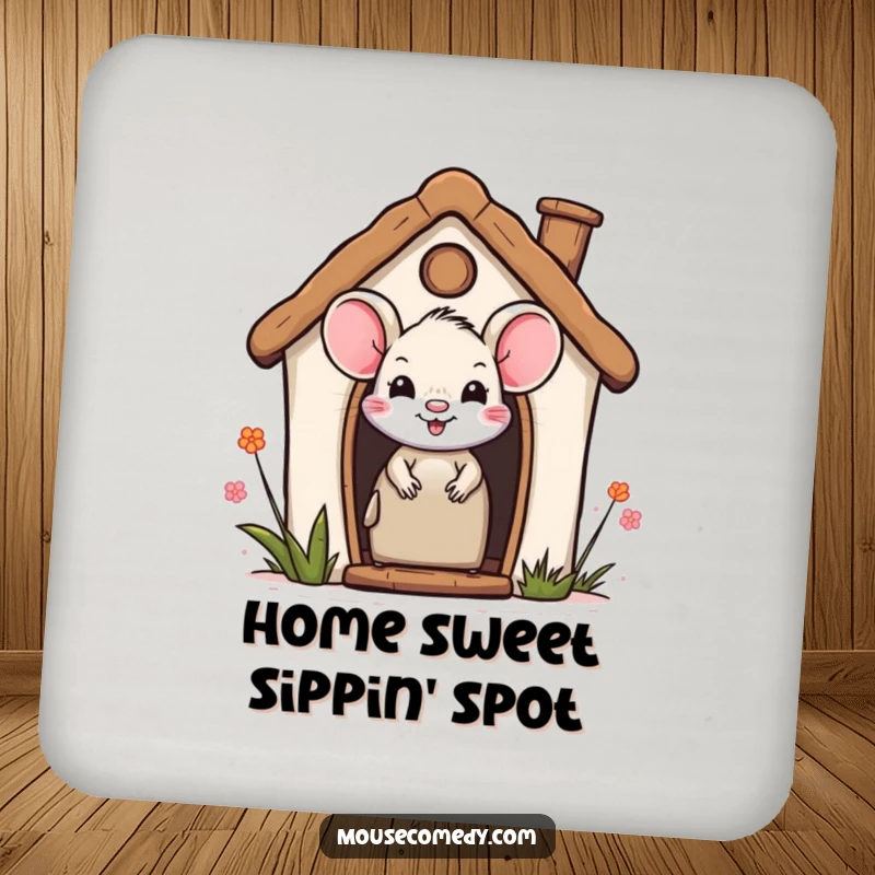Funny drink coaster with a smiling mouse peeking out from a miniature house, offering a cute and welcoming message.