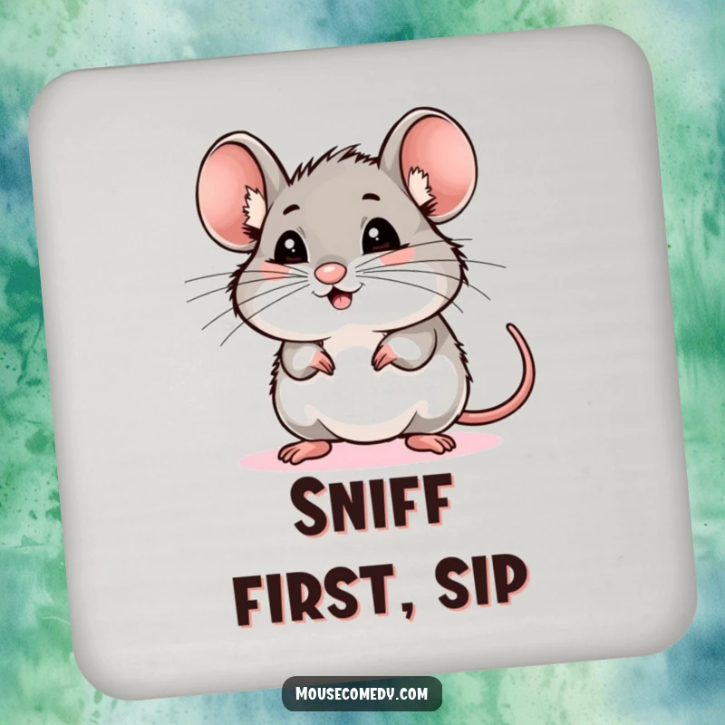 Funny mouse coaster with a detailed illustration of a rodent's excited whiskers sniffing the air, protecting surfaces with humor, a funny gift.