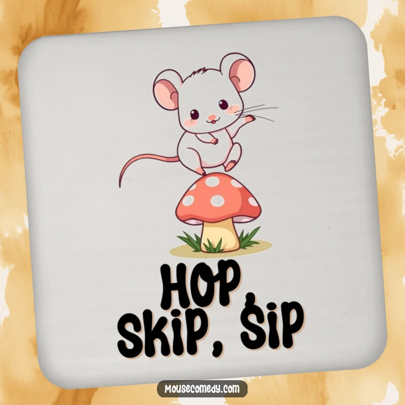 Funny kawaii mouse playfully jumping over a tiny, stylized mushroom on a protective drink coaster.