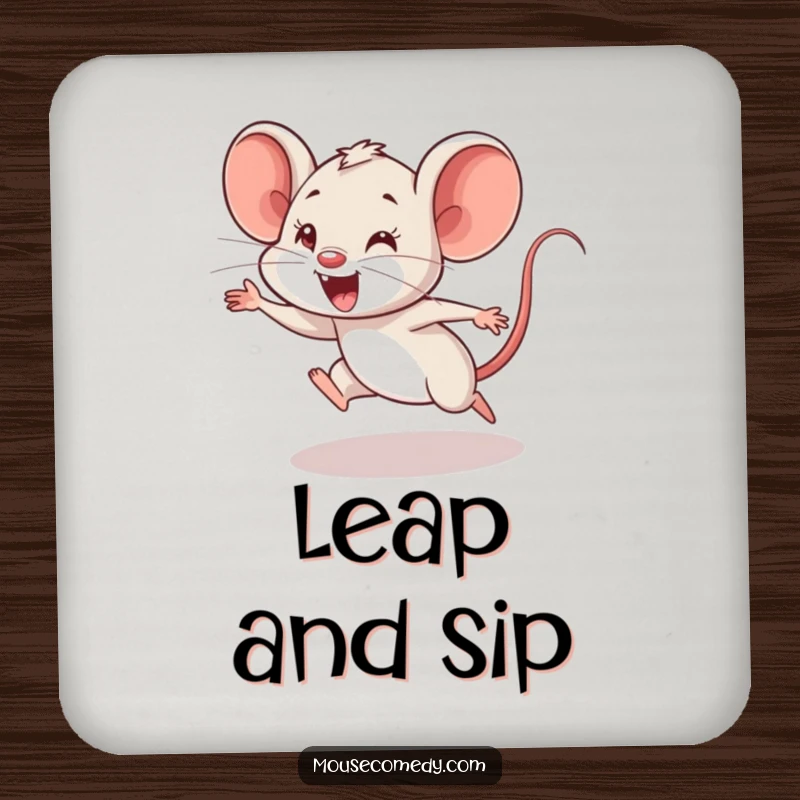 Funny Mouse Cub Coaster: A coaster depicting a mouse cub mid-air, performing a funny, enthusiastic, and slightly clumsy leap.