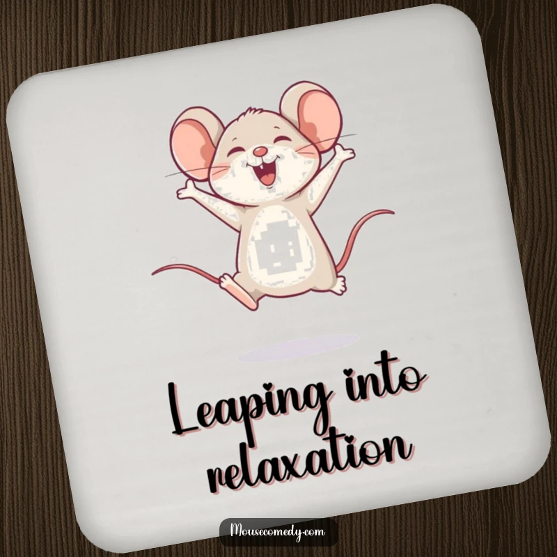Funny drink coasters featuring a happy mouse in a joyful leap, offering protection with cheerful humor.