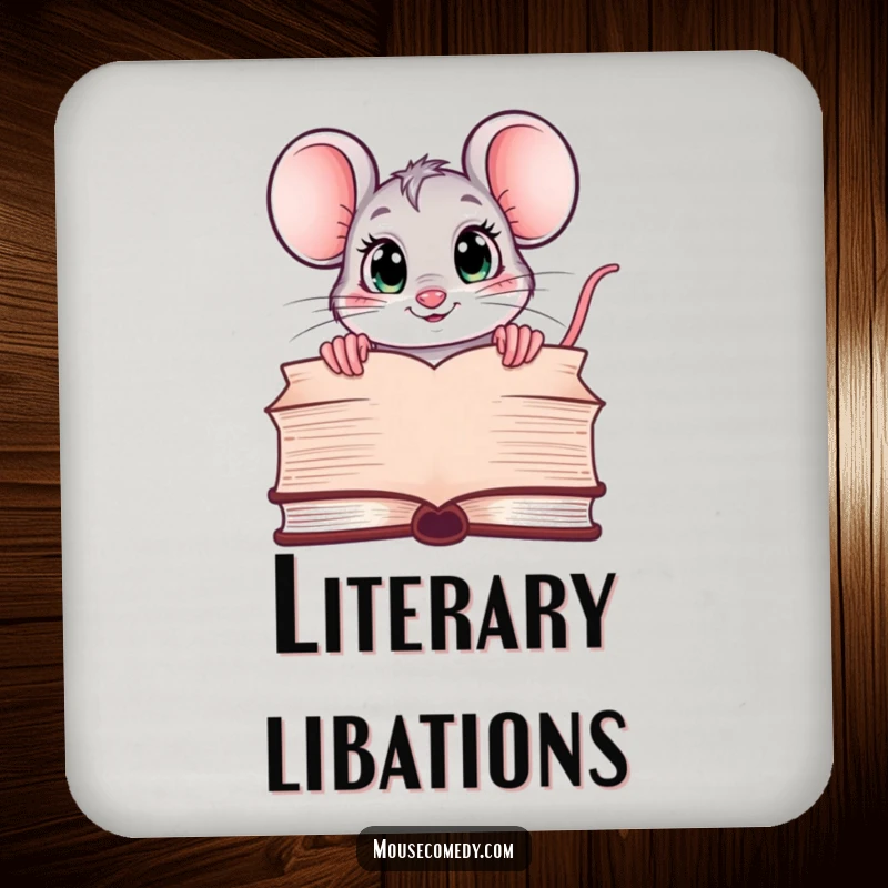 Funny drink coaster with a kawaii mouse peeking over a large book, symbolizing curiosity and a love for reading, protecting surfaces humorously.