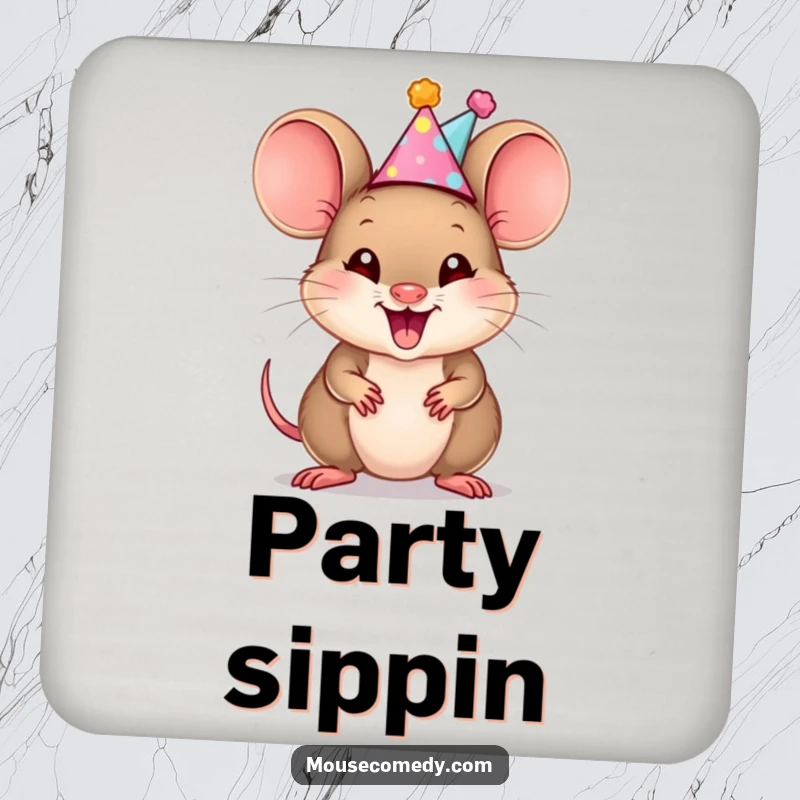 Funny Mouse Cub Coaster: A coaster depicting a mouse cub wearing a tiny party hat and squeaking with infectious, party-ready excitement.