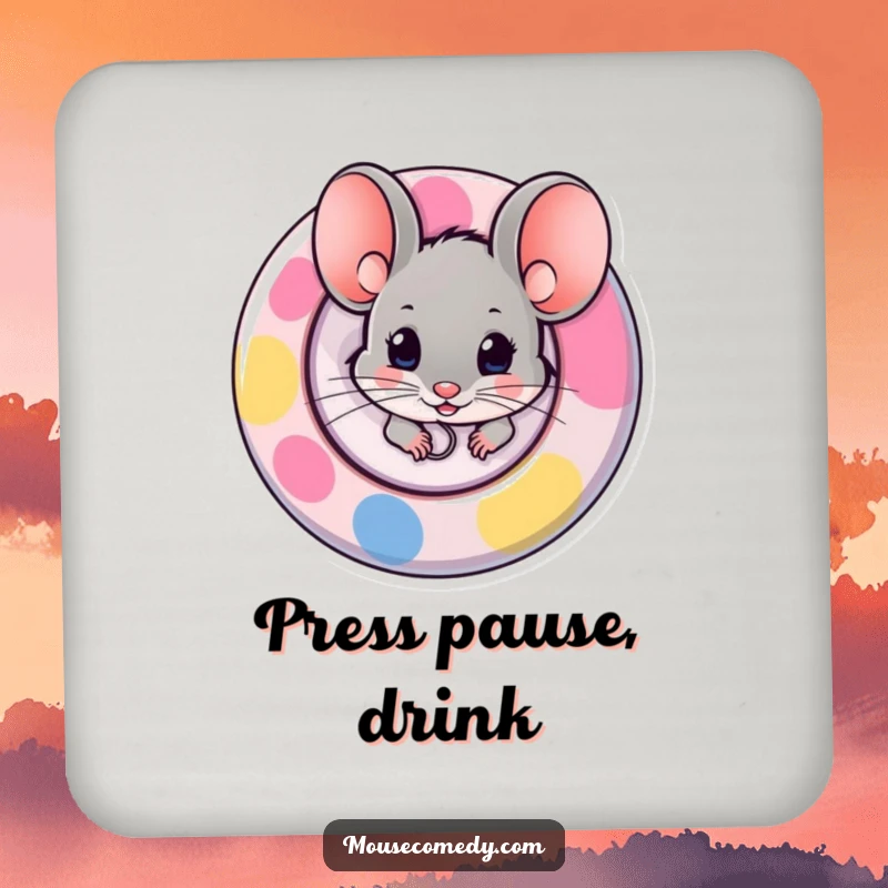 Funny drink coaster with a mouse peeking out from behind a large, colorful button, safeguarding surfaces with charm.