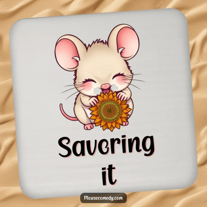 Funny delighted mouse drink coaster, with closed eyes, eating a sunflower seed, adding a touch of joy to table protection.