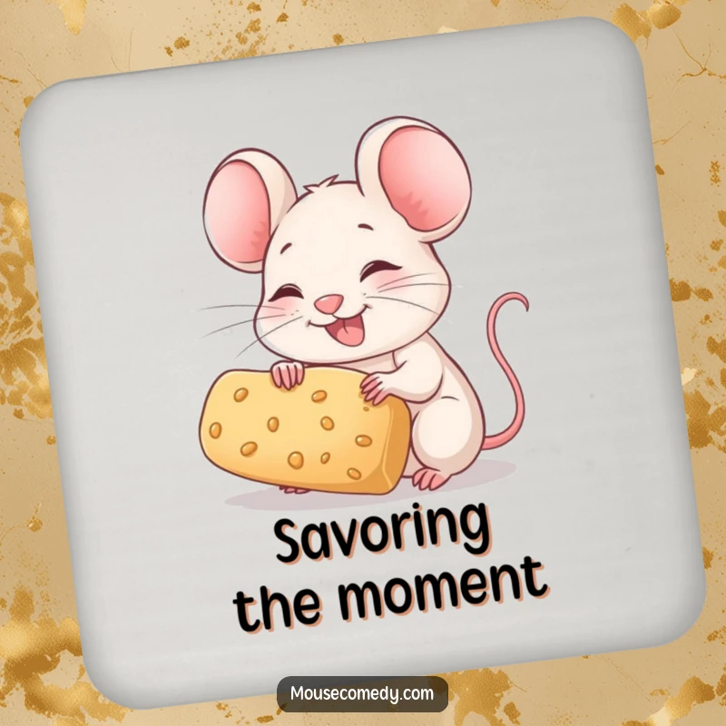 Funny Mouse Coaster: A joyful mouse with twitching whiskers holds a large crumb, adding cheerful protection.