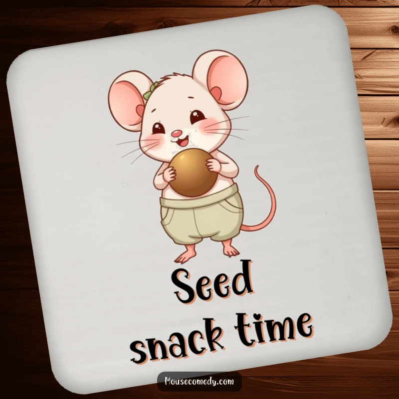 Funny Chubby Mouse Coaster - A cute, panting chubby mouse carrying a large seed, adding a humorous and protective element to your drink station.