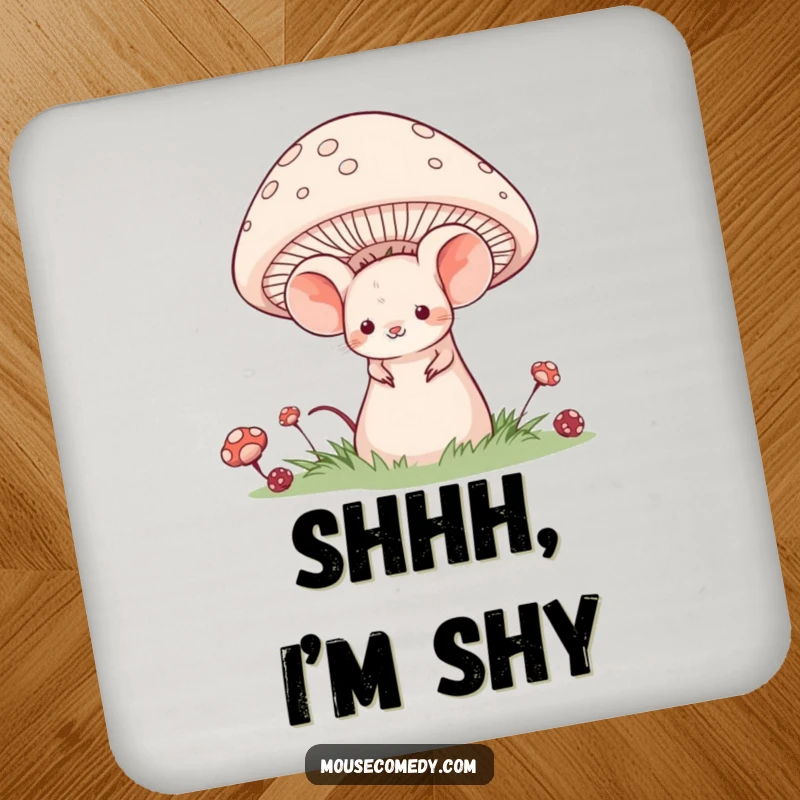 Funny drink coaster illustrating a shy mouse with a gentle smile, hiding behind a large mushroom.