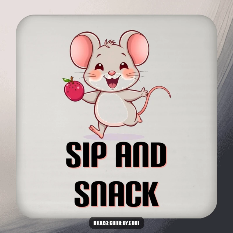 Funny mouse coaster with a cheerful mouse running with a berry, its joyful squeak bringing smiles.