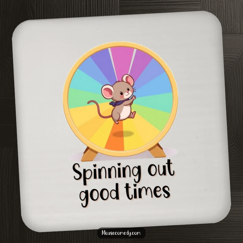 Funny Mouse Coaster: A small mouse actively runs on a large, colorful hamster wheel, adding playful decor.