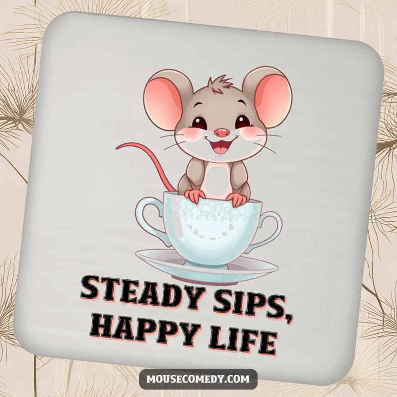 Funny mouse teacup drink coaster with a cheerful mouse and a wide grin humorously balancing on a teacup, protecting surfaces with style.