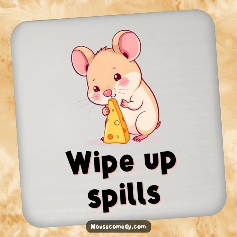 Funny kawaii mouse drink coasters, showing a cute mouse focused on balancing a tiny piece of cheese on its nose, adding humor.