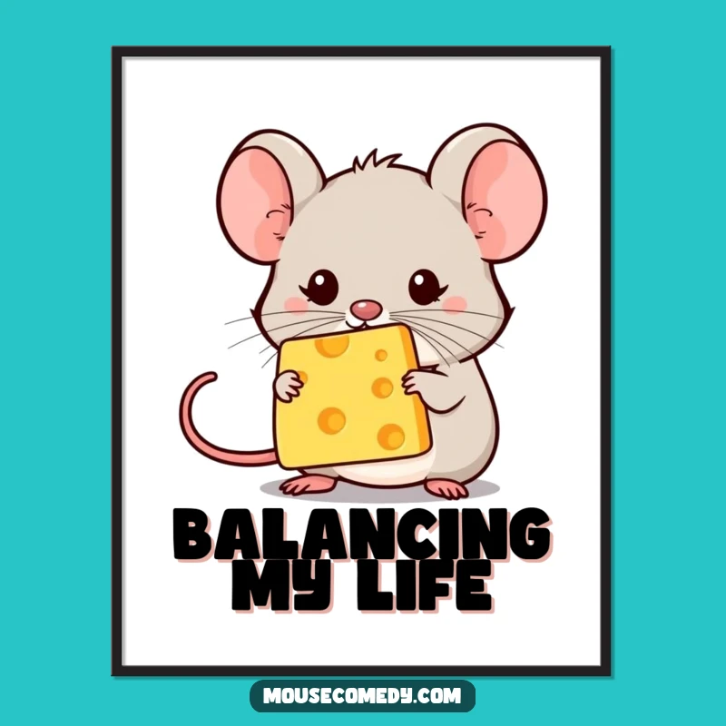 Funny Kawaii Mouse Cheese Balance Poster: Delicate Art, Big Smiles Funny Gift!