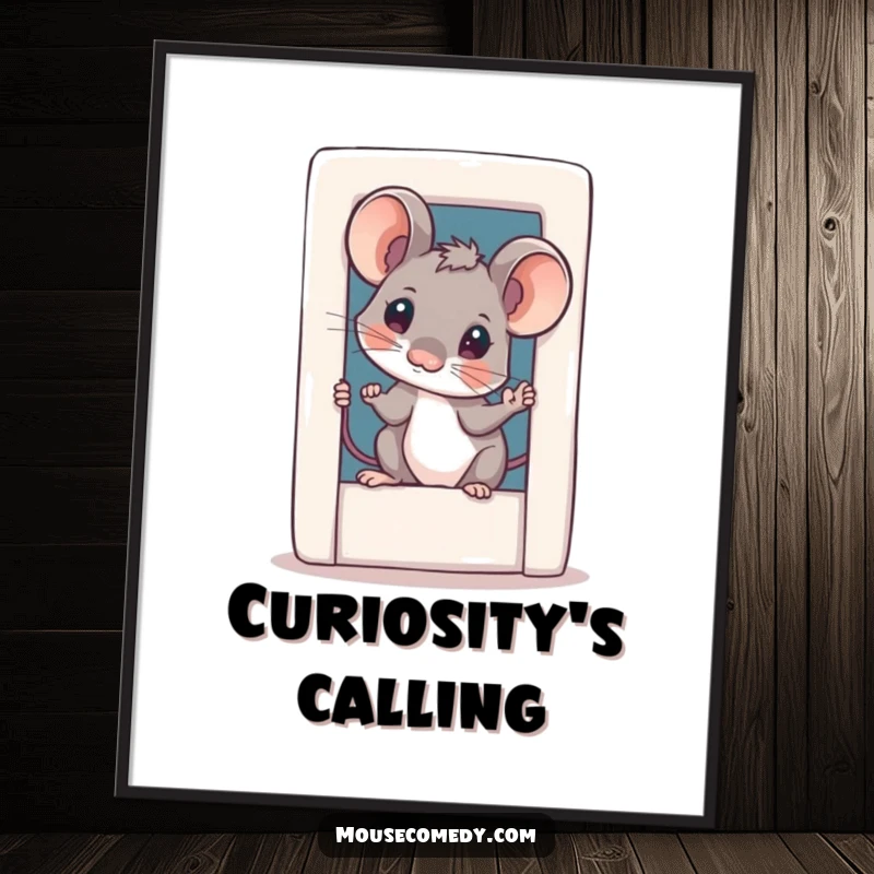 Funny curious mouse poster, showing a small mouse with a tilted head peeking from a quaint, tiny door, creating a sense of wonder.