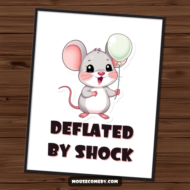 Funny kawaii mouse with exaggerated surprise, holding a minuscule balloon, artistic charm. Perfect funny gift for walls.