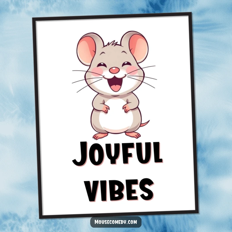 Funny joyful mouse poster, depicting a small mouse with a happy squeak stretching its whiskers, radiating vibrant energy.