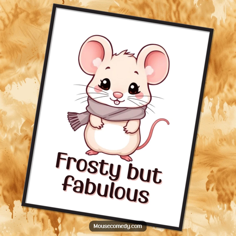 Funny kawaii mouse wearing a tiny scarf, looking cold but happy, presented as charming wall art.