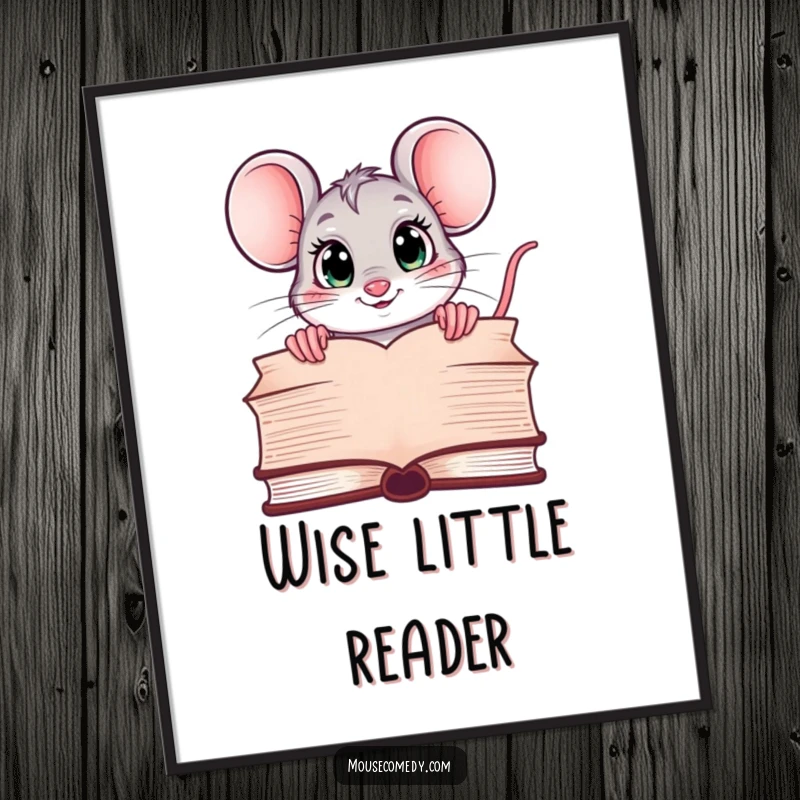 Funny poster featuring a kawaii mouse with big, curious eyes peeking over a large book, symbolizing a journey into knowledge and imagination.