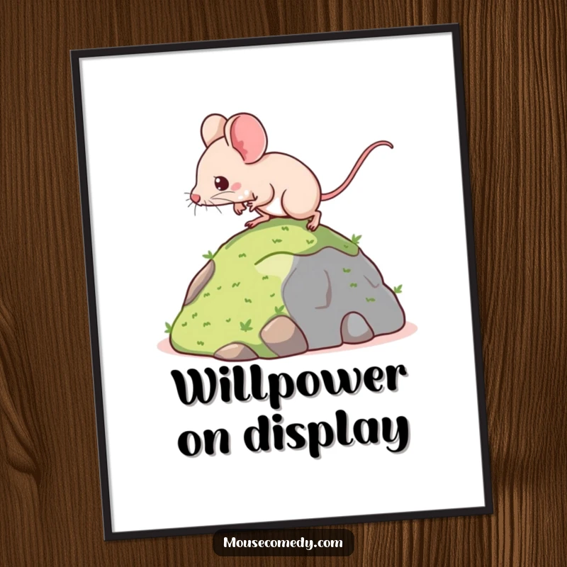 Funny poster featuring a determined kawaii mouse with a strong gait, climbing a miniature hill, symbolizing ambition and the journey to success.