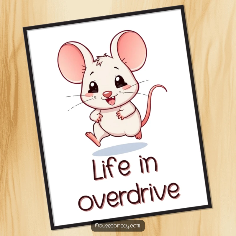 Funny poster showcasing a kawaii mouse with very large ears, captured in a moment of joyful, speedy scampering, adding cuteness to walls.