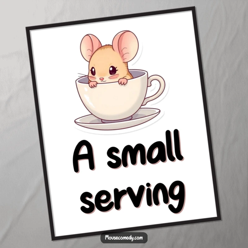 Funny kawaii mouse peeking from inside a miniature teacup, presented as delightful wall art.