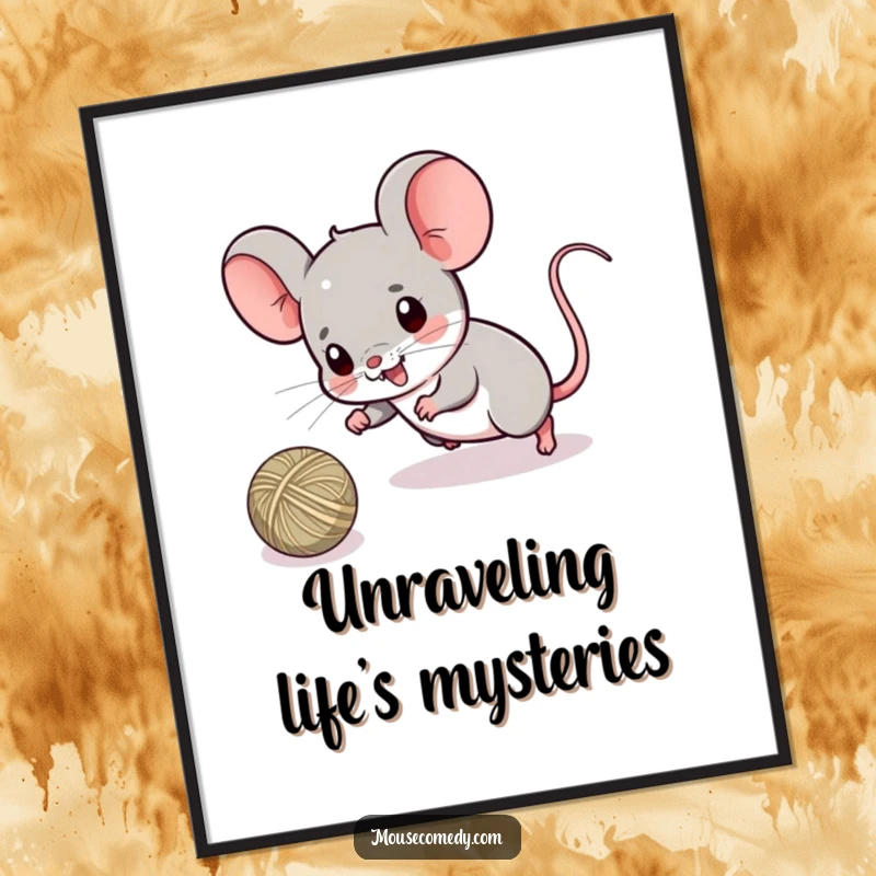 Funny poster depicting a kawaii mouse mid-chase, playfully batting at a rolling ball of string with absolute focus and adorable intensity.